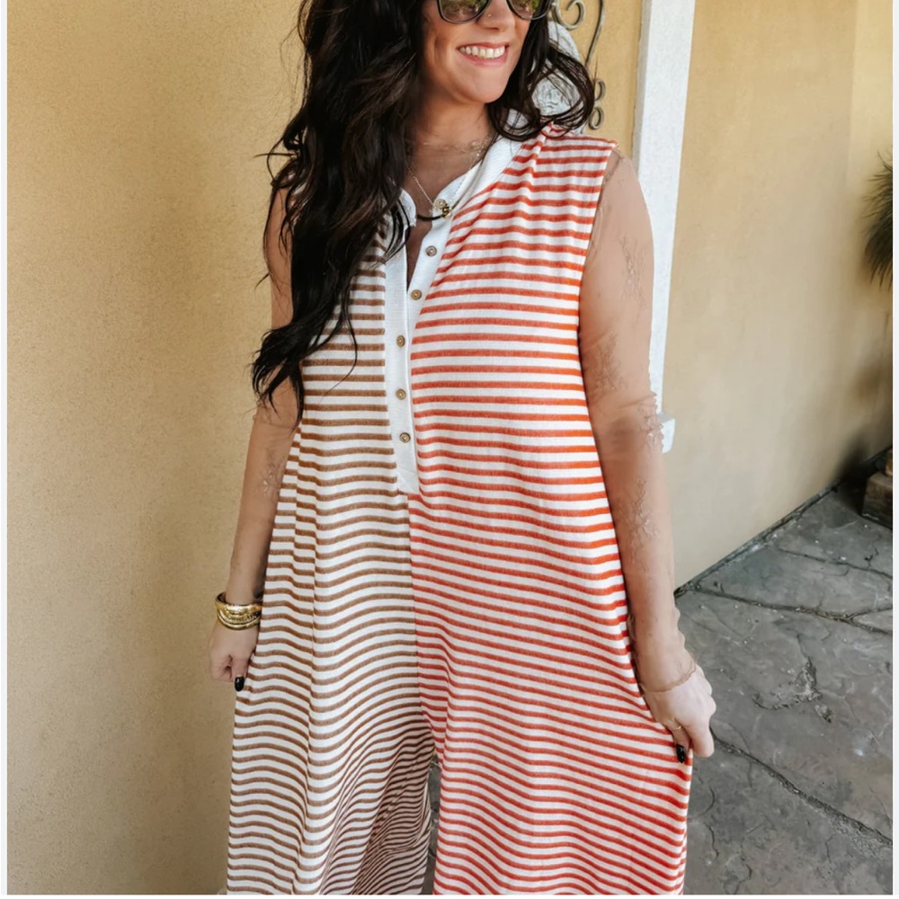 Striped Sleeveless Button-Down Jumpsuit